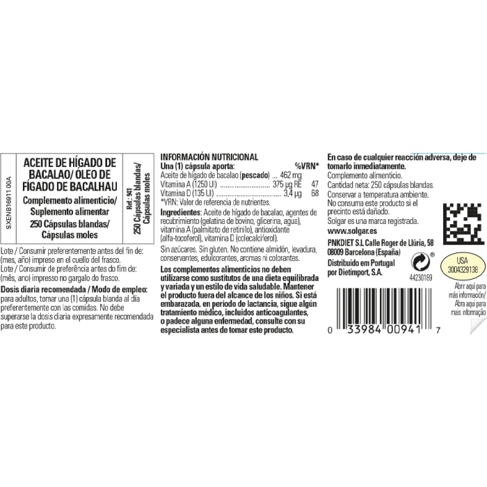 Aceite de Hígado de Bacalao - 250 cápsulas blandas