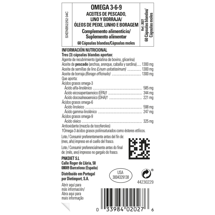 Solgar - Omega 3-6-9 aceites de pescado, lino y borraja - 60 cápsulas blandas