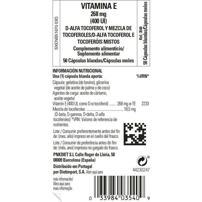 Vitamina E 268 mg (400 UI) - 50 cápsulas blandas