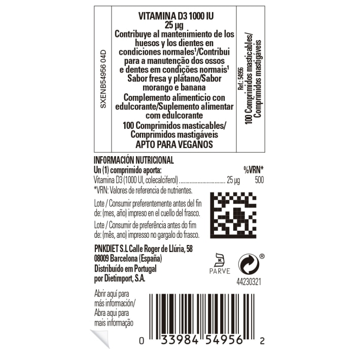 Solgar - Vitamina D3 1000 IU 25 μg - 100 comprimidos masticables