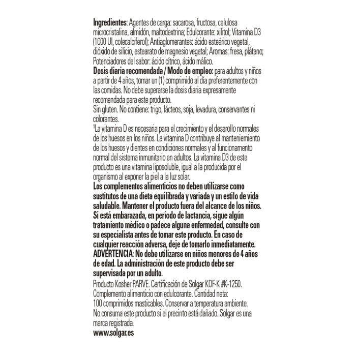 Solgar - Vitamina D3 1000 IU 25 μg - 100 comprimidos masticables