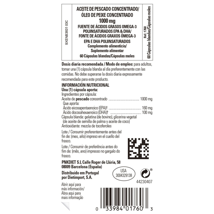Aceite de pescado concentrado 1000 mg - 60 cápsulas blandas