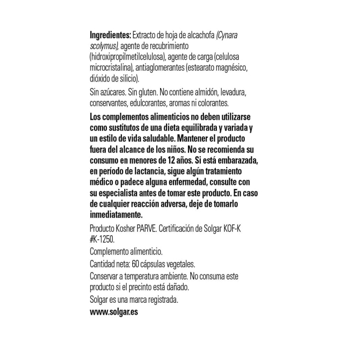 Alcachofa extracto de hoja - 60 cápsulas vegetales