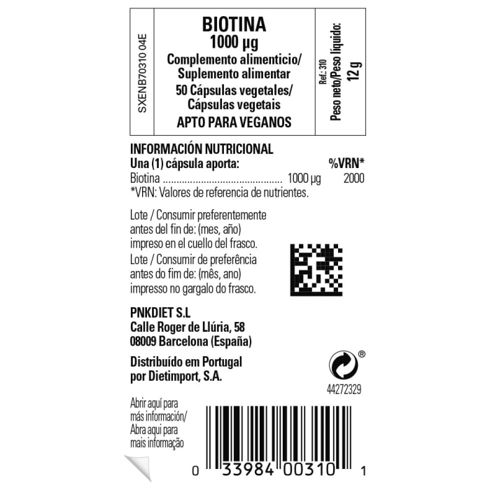 Biotina 1000μg - 50 cápsulas vegetales